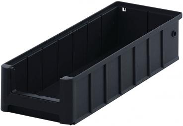 The image displays a long, rectangular container made of black plastic. It has straight sides and a smooth surface, with an opening on one side. Ideal for storing items.