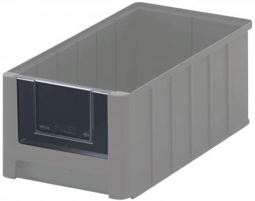 Es handelt sich um eine rechteckige, gräuliche Aufbewahrungsbox aus Kunststoff. Sie hat eine leicht transparente Front, um den Inhalt zu sehen, und ist in einem schlichten, funktionalen Design gehalten.