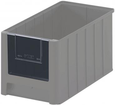 It is a rectangular, gray plastic box with raised sides and an open top. The front has a transparent flap that makes the contents visible.