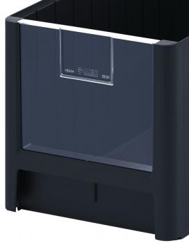 The image shows a black plastic storage container. It has an open top, a smooth, matte finish, and a transparent front panel. Ideal for organization and storage.