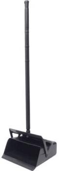 The image shows a black shovel with a long, thin handle. The shovel has a wide, flat scoop that is suitable for picking up material.