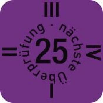 The image shows a purple square sticker with the number "25" in the middle. Around it are the terms "next inspection" and "review", as well as Roman numerals.