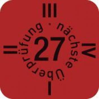 The image shows a red square with a large central number "27". Around it, the words "next exam" and "exam" are written in black, cursive script.