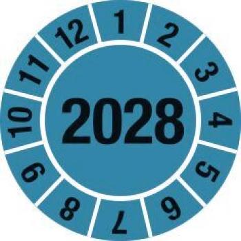 The image shows a round scale with the numbers 1 through 12 and the year "2028" in the center. The background is blue, the numbers are black.