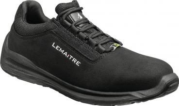 The image shows a black athletic shoe with a smooth surface. It features a non-slip sole, laces, and the word "LEMAITRE" printed on the side. The shoe appears modern and comfortable.