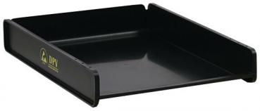 The image shows a flat, rectangular tray made of black plastic. The edges are slightly raised, and there is a yellow logo on one side. The tray has no compartments and is plain.