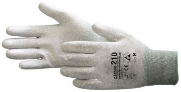 Das Bild zeigt einen grauen Arbeitshandschuh mit einer glatten Oberfläche und einem elastischen Bündchen. Auf dem Handrücken ist die Aufschrift ?Carbon 210? zu sehen.