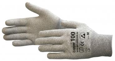 Das Bild zeigt ein Paar graue Arbeitshandschuhe, die leicht dehnbar sind. Auf dem Handrücken steht ?Copper 100? in schwarzer Schrift. Die Handschuhe bieten einen sicheren Griff und Schutz.