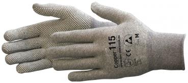 Das Bild zeigt einen grauen Arbeitshandschuh mit strukturiertem, rutschfestem Griff und verstärkten Nähten. Auf dem Handrücken ist eine Beschriftung zu sehen. Der Handschuh wird in voller Länge abgebildet.