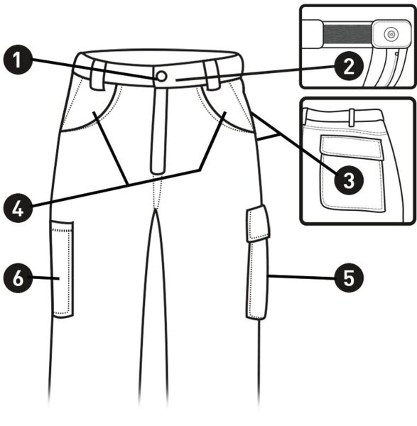 Das Bild zeigt schwarze, schlichte Stoffhosen mit geradem Schnitt. Sie haben einen elastischen Bund und seitliche Taschen, bieten einen praktischen, komfortablen Look.