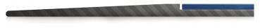 The image shows a narrow, flat metal file with a ridged surface. It tapers to a point. A blue handle is visible at the upper end.