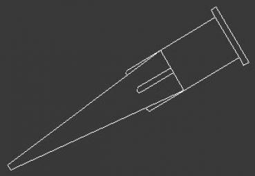 Das Bild zeigt eine schematische Darstellung eines spitzen Objekts mit einem zylinderförmigen Ende. Es hat eine schmale, längliche Form, die nach vorne zuläuft. Der Hintergrund ist dunkel.