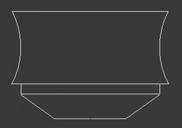 Das Bild zeigt eine stilisierte, symmetrische Form mit geschwungenen Seiten, die oben breiter und nach unten hin schmaler wird. Es erinnert an eine Vase oder einen Behälter. Der Hintergrund ist dunkel.
