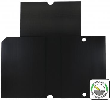 The image shows a black, three-part folder made of sturdy material. It has a central section and two side flaps, each featuring an opening.