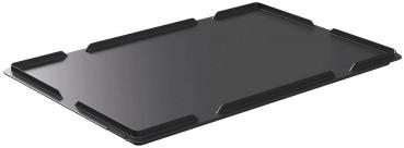 The image displays a rectangular, flat tray in black. It features slightly raised edges at the corners to prevent items from falling off. The surface is smooth.