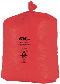 Das Bild zeigt einen großen roten Müllsack, der oben zugebunden ist. Auf der Vorderseite befindet sich ein schwarzer Aufdruck mit Informationen über den Sack, darunter das Symbol für Recycling.
