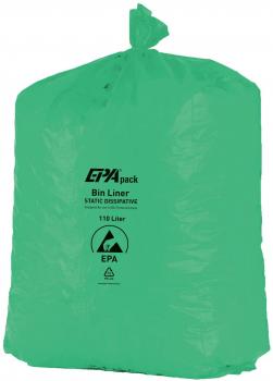 The image shows a large, green trash bag with a drawstring closure. On the front, there are symbols and text providing information about the size and usage.