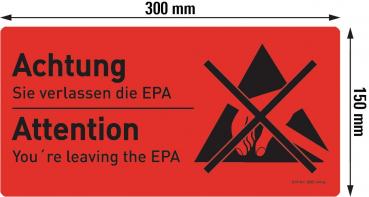 The image displays a red sign with the inscriptions "Achtung" and "Attention". It warns against exiting a specific area and features a crossed-out symbol for hazards.
