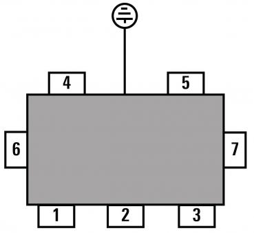 Das Bild zeigt ein Rechteck mit sieben nummerierten Punkten (1 bis 7) an den Seiten und einem Symbol darüber, das wahrscheinlich Erdung darstellt.