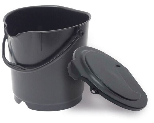 The bucket is made of black plastic, has a square base shape, and a straight wall. It has a handle on the side and a slightly beveled opening at the top edge.