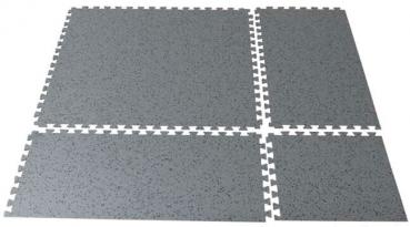 The image shows a square, gray floor tile with small black speckles. The edges are dimpled to facilitate easy installation.