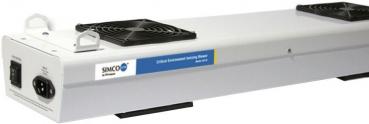 The image displays an elongated, white device with two fans at the ends. It features a connector socket and labeling on the side. The surface is smooth and rectangular.
