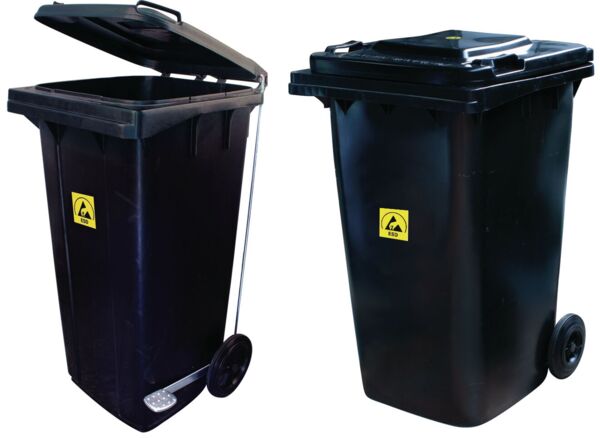 The trash can is black, has a lid and two wheels. On the front, there is a yellow warning symbol with a radiation notice. It stands stable and has a rectangular body.