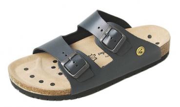 The shoe is a black leather clog with two adjustable buckles. The sole is made of light, textured material and has small holes for ventilation. It is comfortable and lightweight.