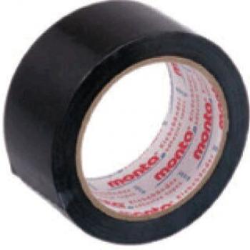 Das Bild zeigt eine Rolle schwarzes Klebeband. Es hat einen runden Kern, auf dem die Klebefläche aufgerollt ist. Die Außenseite ist glatt und gleichmäßig.
