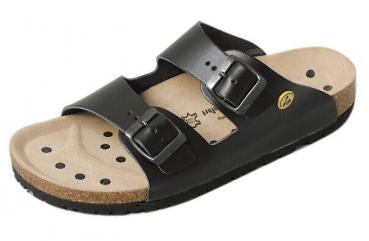 The shoe is a black sandal with two adjustable buckles and a cork-like sole. The inside is soft and has small ventilation holes. It provides comfort and stability.