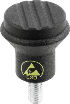 The image shows a black, round ESD button with a ridged surface. It has a threaded end suitable for mounting. A yellow symbol with "ESD" is visible.