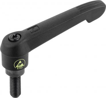 The image shows a black hand lever with a ridged surface for better grip. It has a screw on the top and an ESD symbol, indicating electrostatic discharge.
