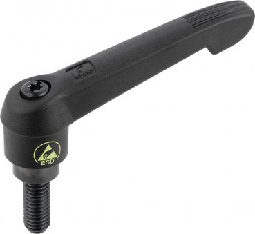 The image shows a black lever with a round head that contains a screw. The handle has grooves for better grip and is slightly curved at the end. There is an ESD symbol at the base.