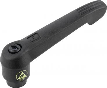 The image shows a black tool lever with an ergonomic grip shape and a round base. The underside has a green symbol for electrostatic discharge (ESD).