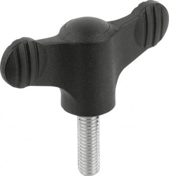 The image shows a black handle in the shape of a T with two round, ridged ends. In the center, there is a ball, and beneath it, there is a metal thread.