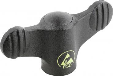 The image shows a black, three-lobed rotary knob with a round center. There are grip ridges on the sides. A yellow ESD symbol indicates electrostatic discharge.