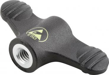 The image shows a black handle with two non-slip areas on the sides. In the center, there is a thread, and a yellow ESD symbol is visible. The handle has a uniform, ergonomic shape.