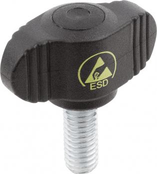 The image shows a black plastic button with a round top and ridged sides. Below there is a metal thread. A yellow symbol with "ESD" is visible.