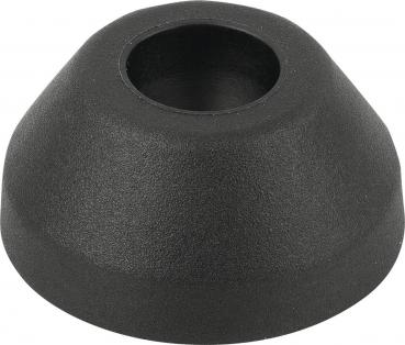 The image shows a conical, black object made of plastic. It has a smooth surface and a tall, rounded end that tapers down to an opening.