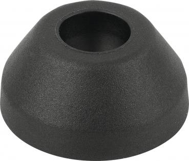 The image shows a conical, black rubber mount. It has a round, hollow interior and a rough surface. The shape is stable and flattened at the bottom.