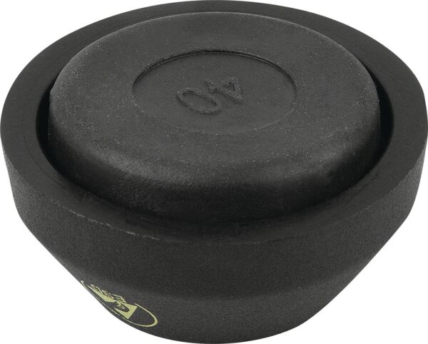 The image shows a heavy, round weight plate made of black cast iron. The top is flat and features a prominent number "40", indicating the weight.