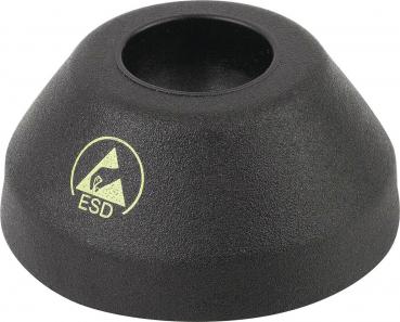 The image shows a black, cone-shaped object with an opening in the middle. It has a textured surface and a yellow symbol with the inscription "ESD".