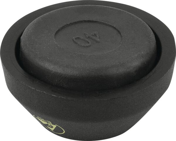 The image shows a round, black weight plate. It has a flat top with the number "40" and a slightly conical shape that tapers downwards.