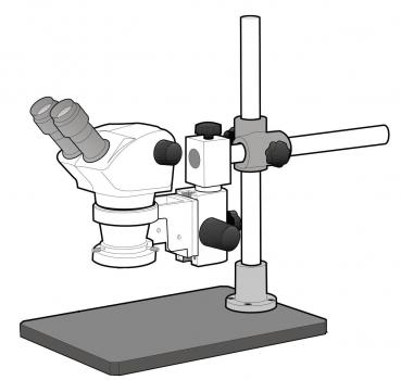 The image shows a microscope with two eyepieces, mounted on a stable base. It has a vertical stand and various adjustments for focusing.