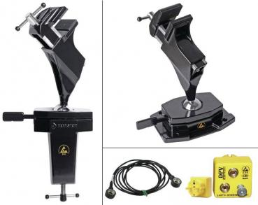 The image shows three items: a black mount with a ball joint, a cable with two nickel-plated eyelets, and a yellow grounding device with two connections.