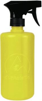 The image shows a yellow spray bottle with a black spray head. The bottle has a round shape and a slightly frosted design, on which the logo of a manufacturer is visible.