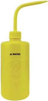 The picture shows a yellow plastic bottle with a long, narrow spout. The bottle is labeled "DI WATER". The bottle has a screw cap on top.