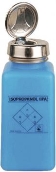 Preview: The image displays a rectangular, light blue bottle with a silver, twistable cap. The bottle features the label 