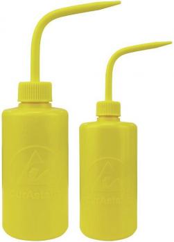 The image shows a yellow bottle with a long, narrow spout. The bottle has a round body and a screwed-on cap. It appears to be made of plastic and is handy.