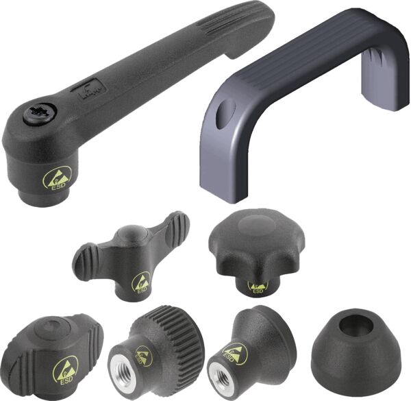 The image shows a black plastic handle. It has a curved shape and a round hole on one side. The underside is flat and stable.